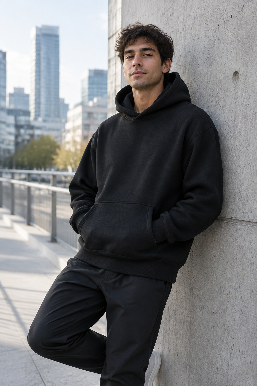 Person wearing black heavyweight pullover hoodie outdoors in urban setting
